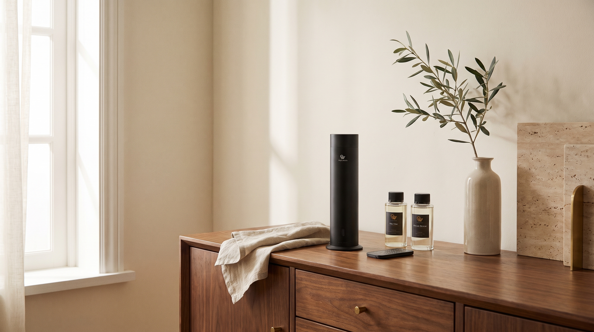 Diffuseur sans eau Pip & Wells Pure One en Matte Black sur un buffet en noyer, avec télécommande et huiles parfumées