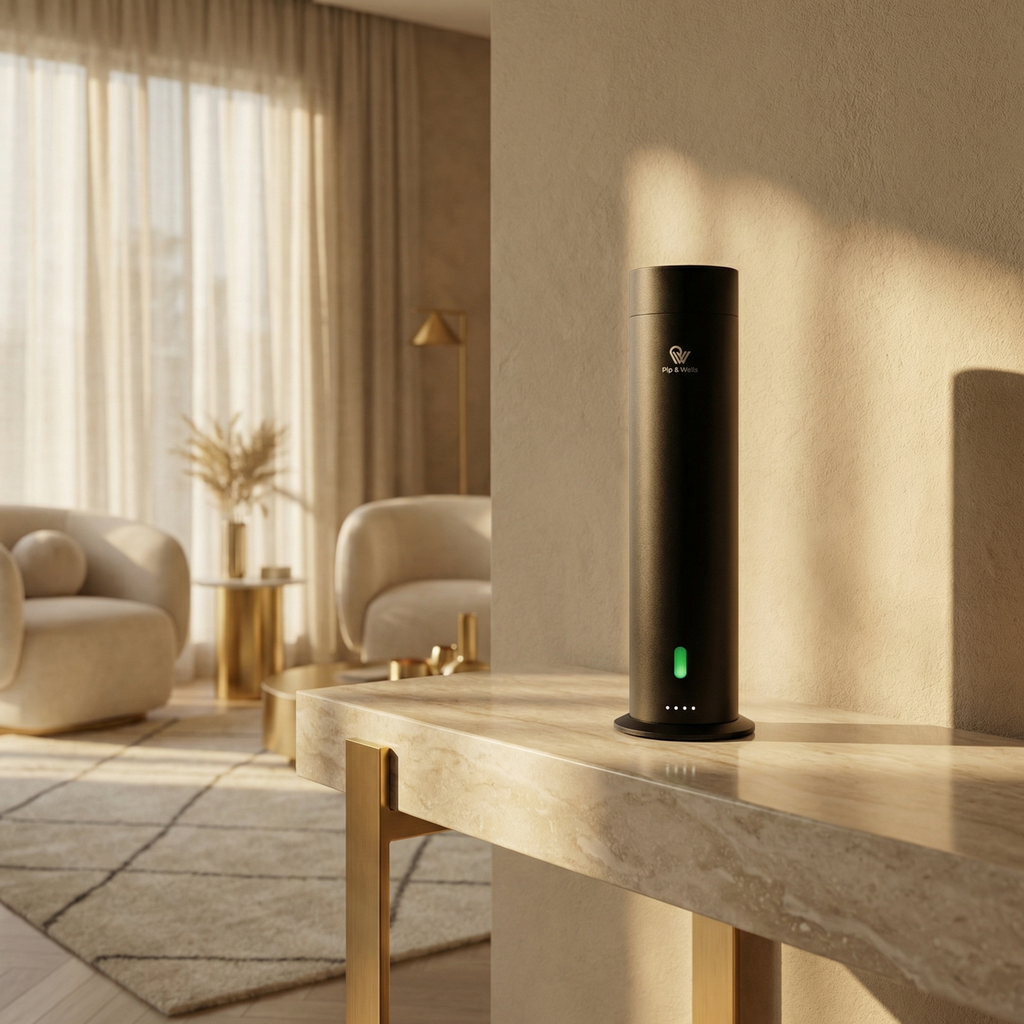 Diffuseur sans eau Pure One noir mat sur une console en pierre dans un intérieur chaleureux