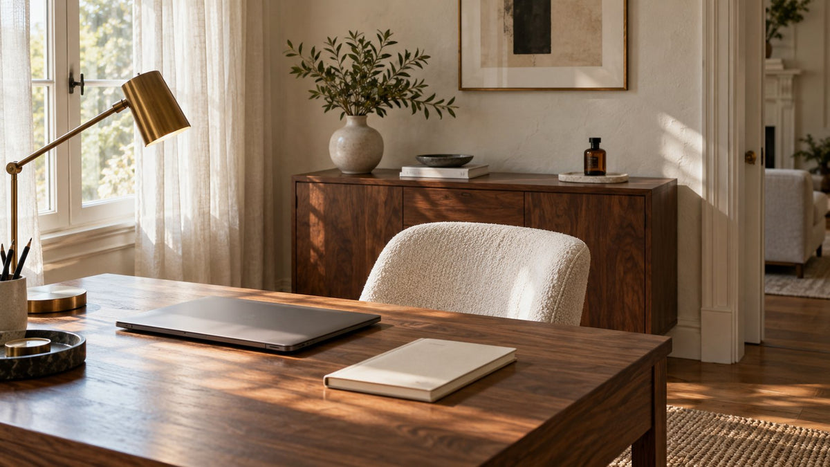 A walnut desk, ivory chair and brass lamp in a sunlit home office, with a closed amber bottle on a separate sideboard.