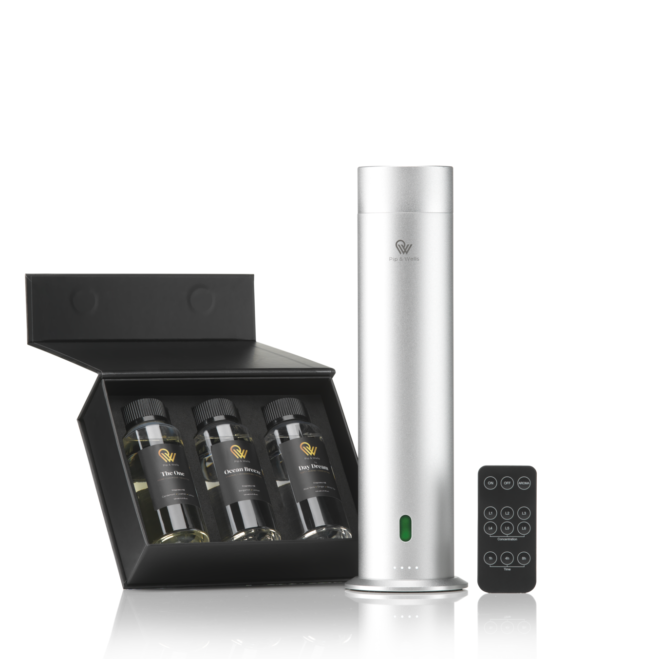 Silver Aroma diffuser with remote control next to a black box containing three bottles of hotel fragrances.