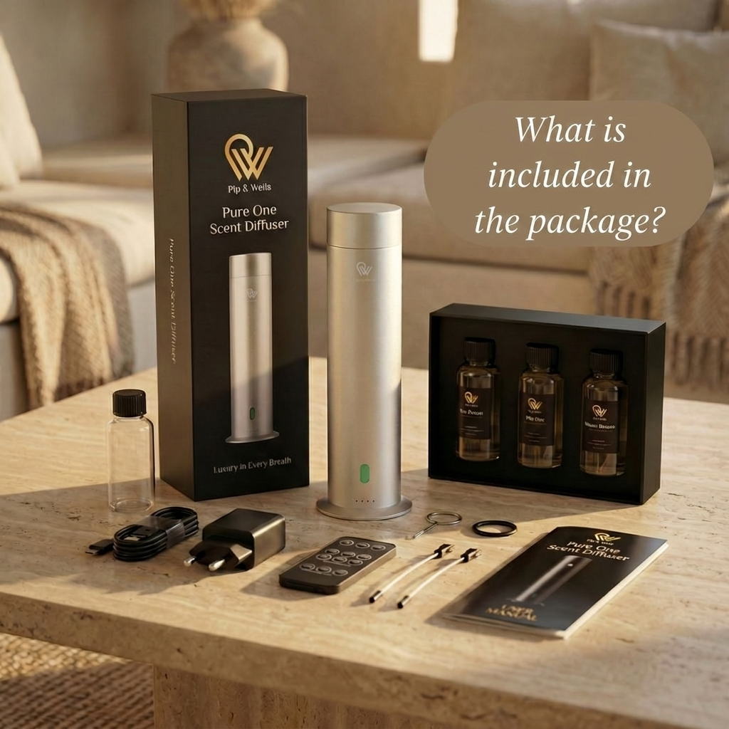 Pip & Wells Pure One Scent Diffuser set on a wooden table with packaging and accessories.