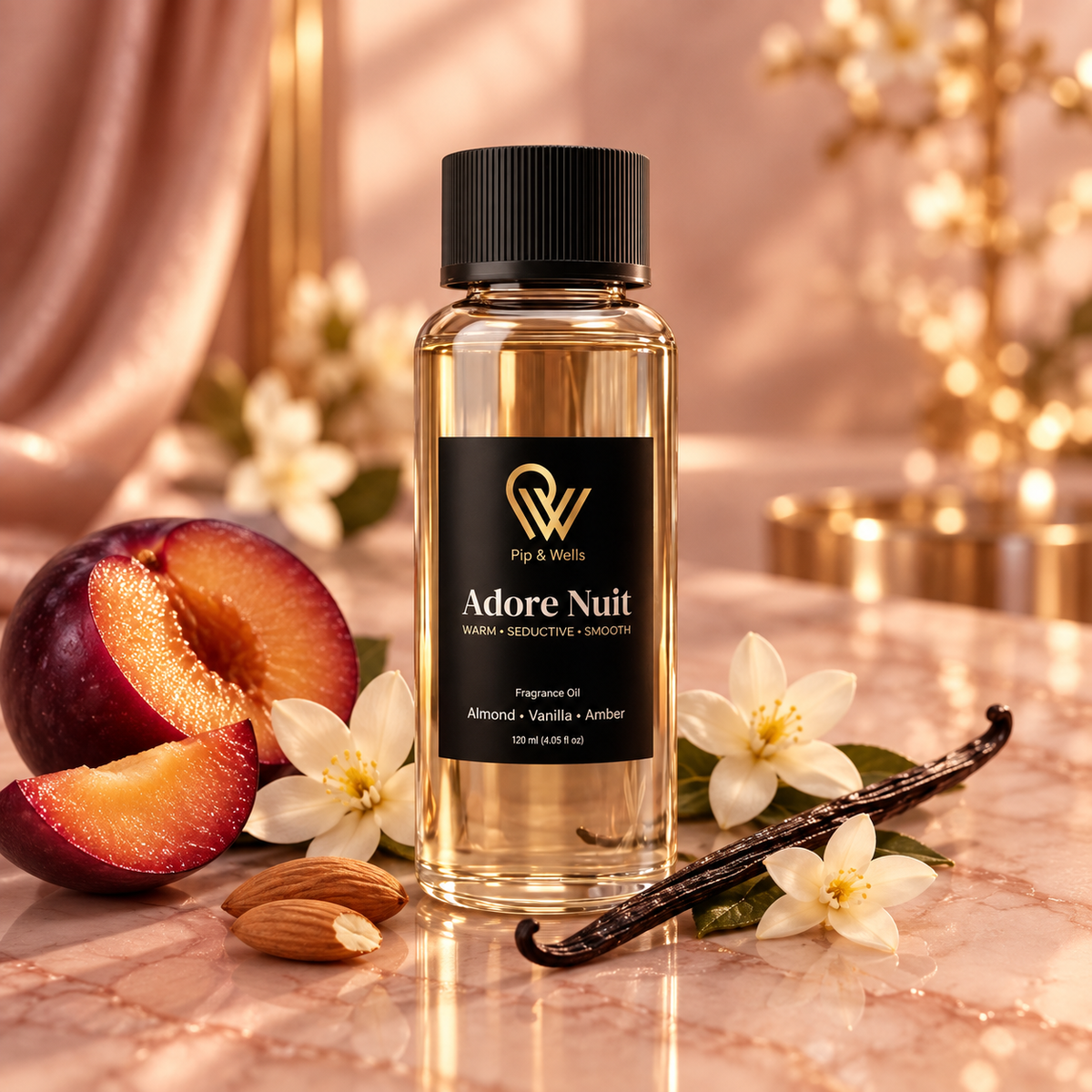 Flacon d’huile parfumée Pip & Wells Adore Nuit 120 ml avec ses notes olfactives : prune, amande, vanille et jasmin