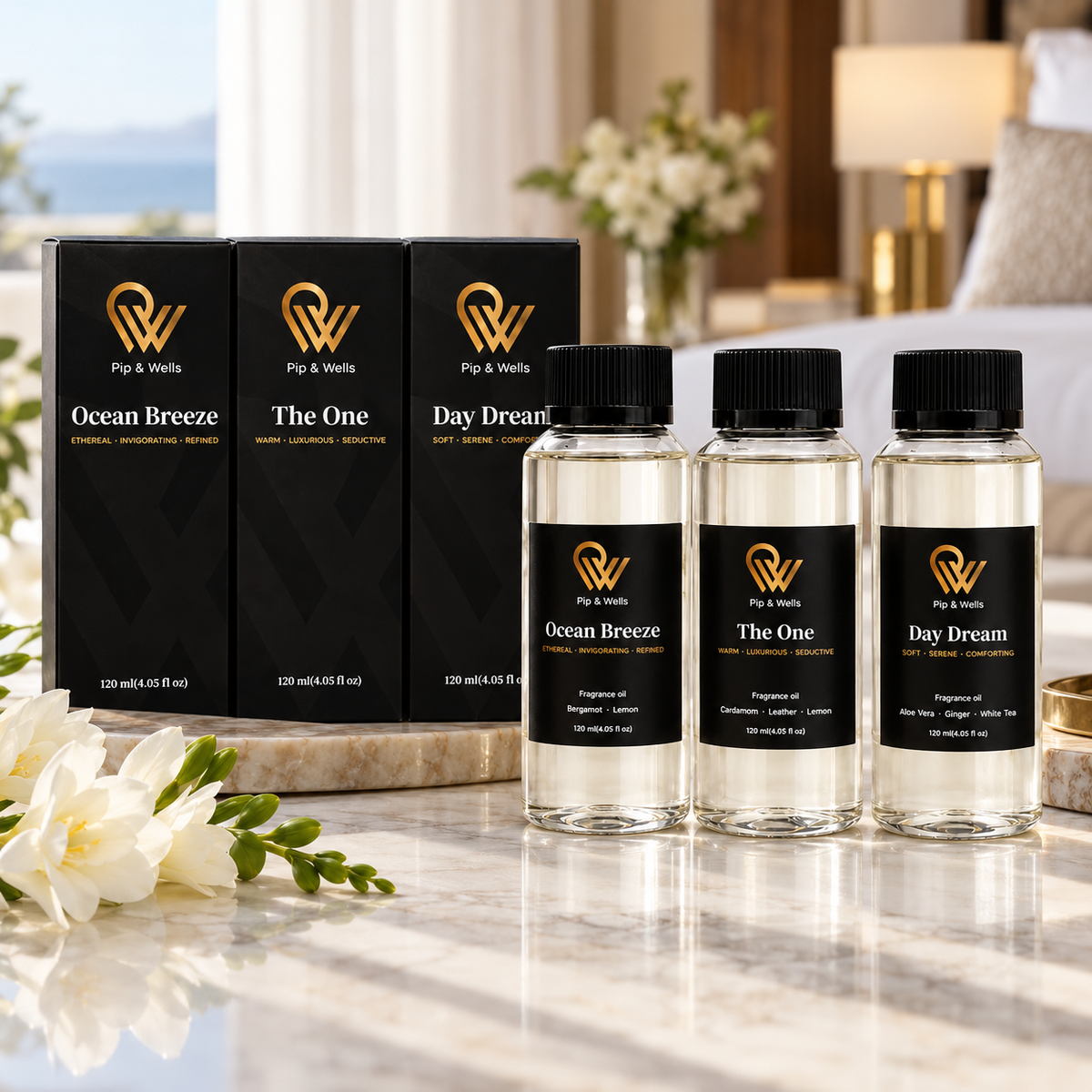 Coffret cadeau Pip & Wells Hotel Fragrances avec les flacons Ocean Breeze, The One et Day Dream à côté de leurs boîtes noires