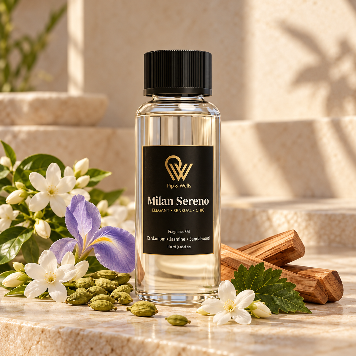 Flacon d’huile parfumée Pip & Wells Milan Sereno 120 ml avec ses notes olfactives : cardamome, jasmin, iris et bois de santal