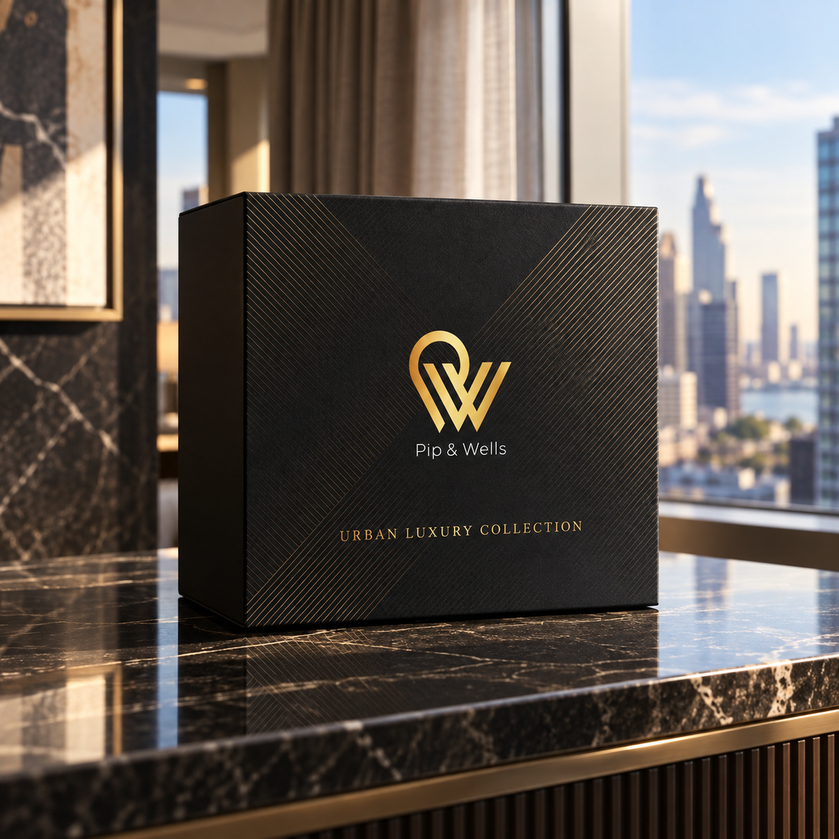 Boîte cadeau noire Pip & Wells Urban Luxury Collection sur une console en marbre avec vue sur la ville