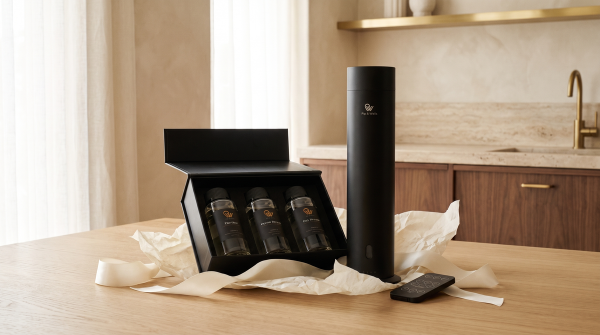 Coffret cadeau Pip & Wells déballé, avec diffuseur Pure One en Matte Black et trois huiles parfumées d’hôtel sur une table en chêne