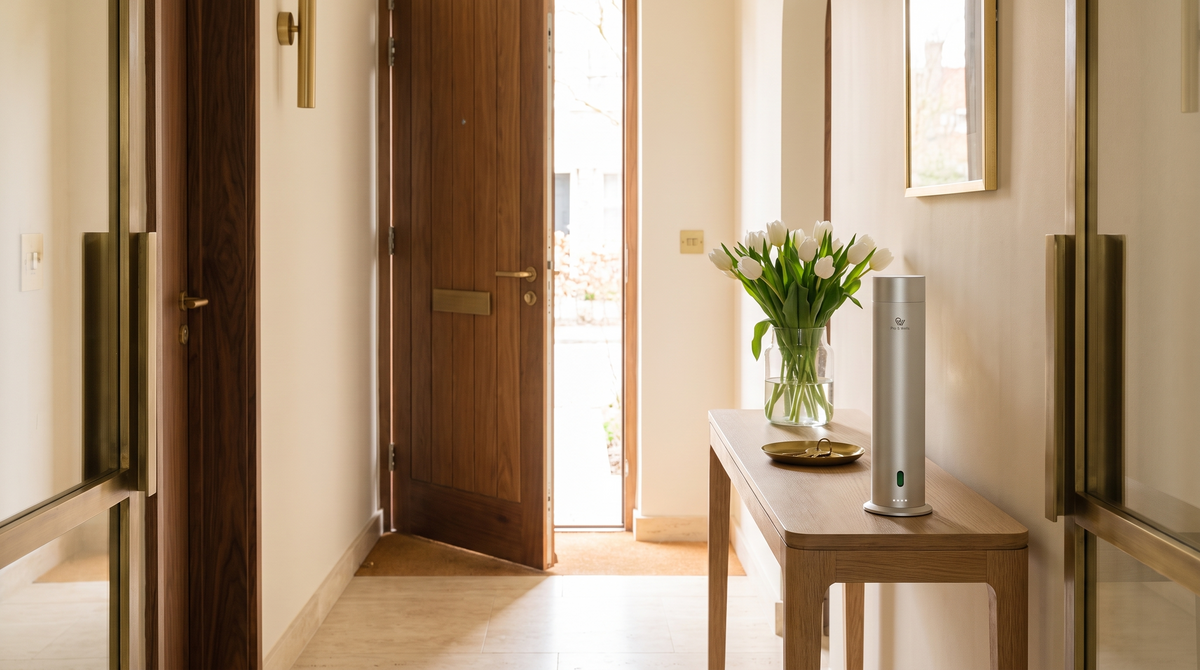 Diffuseur Pure One en Matte Silver sur une console en chêne dans une entrée lumineuse préparée pour une visite immobilière