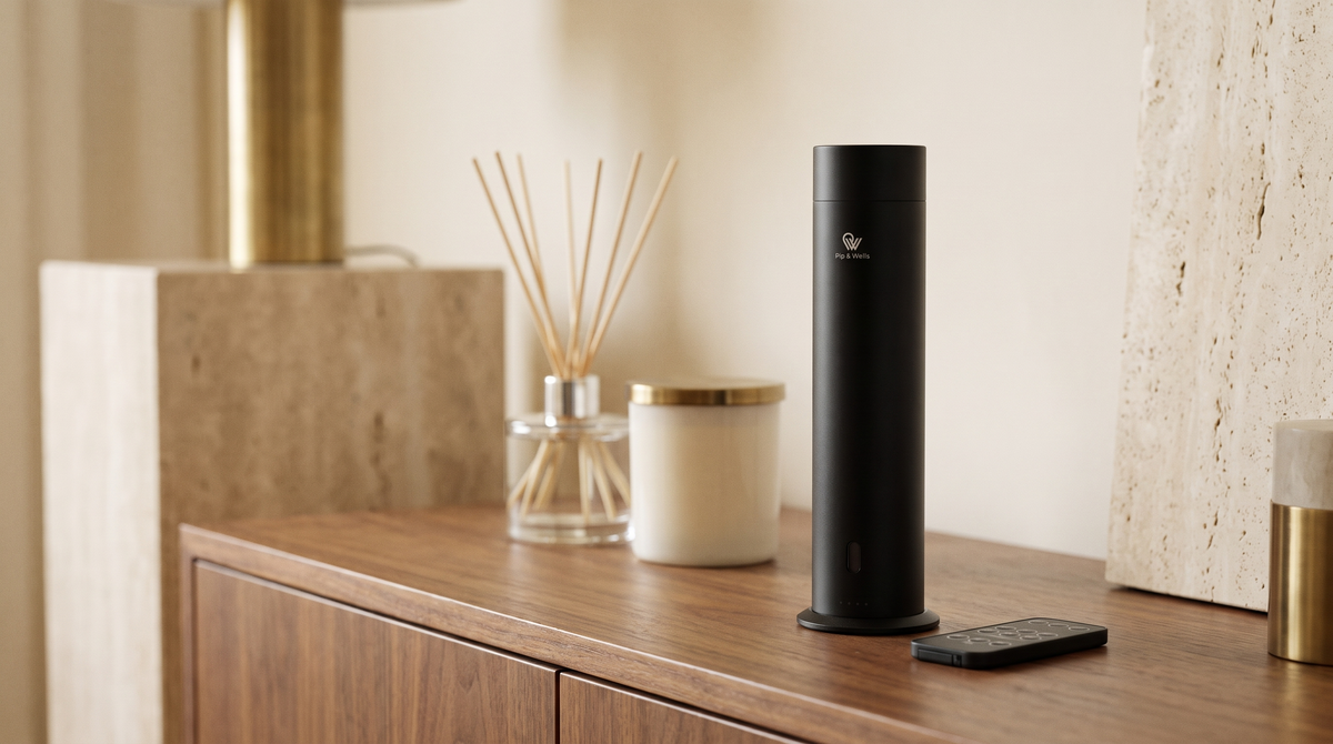 Diffuseur Pure One en Matte Black à côté d’un diffuseur à bâtonnets et d’une bougie sur un buffet en noyer