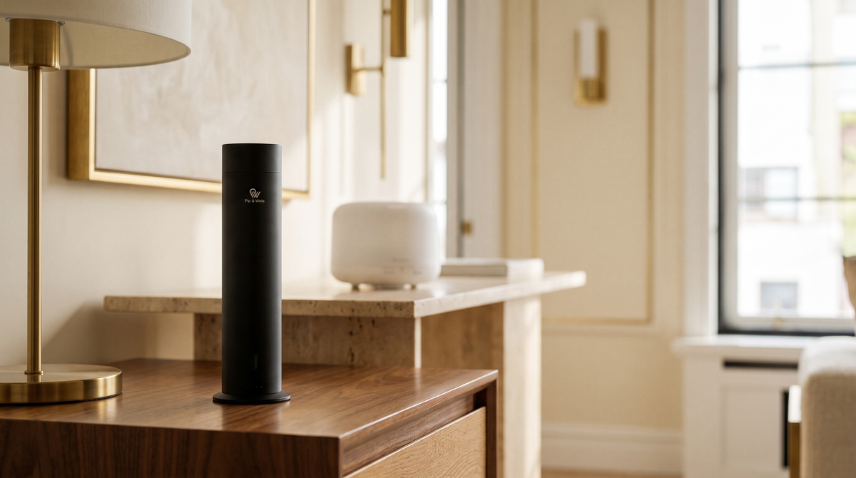 Diffuseur sans eau Pure One en Matte Black devant un diffuseur ultrasonique blanc à eau