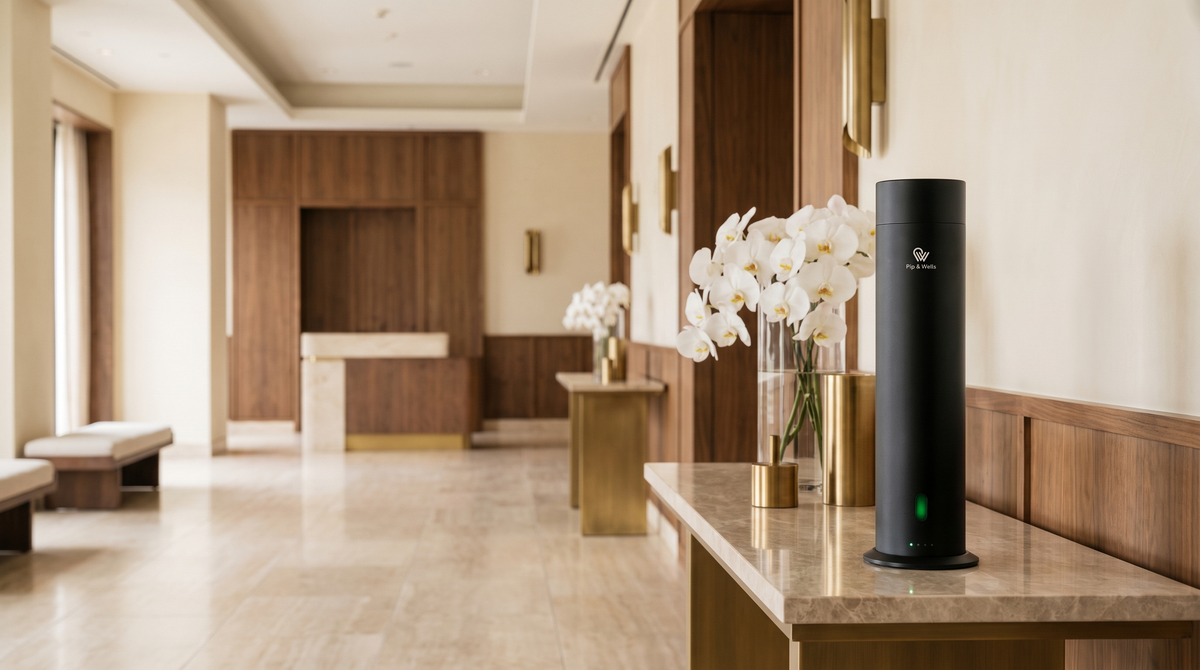Diffuseur Pure One en Matte Black avec des orchidées blanches sur une console en marbre dans le hall d’un hôtel de luxe