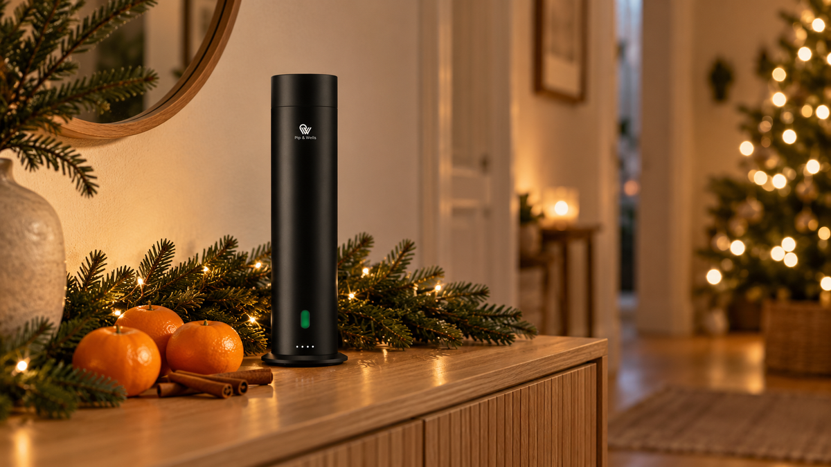 Matte black Pure One waterless diffuser on an oak sideboard with a fir garland, clementines and cinnamon sticks in December