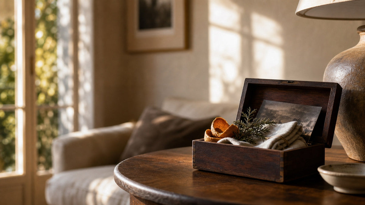 Coffret souvenir en bois ouvert à côté d'écorce d'orange séchée dans la lumière douce de l'après-midi.