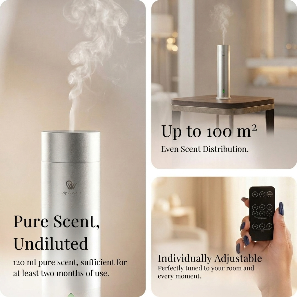 Advertisement for a diffuser with text about scent distribution and adjustability.