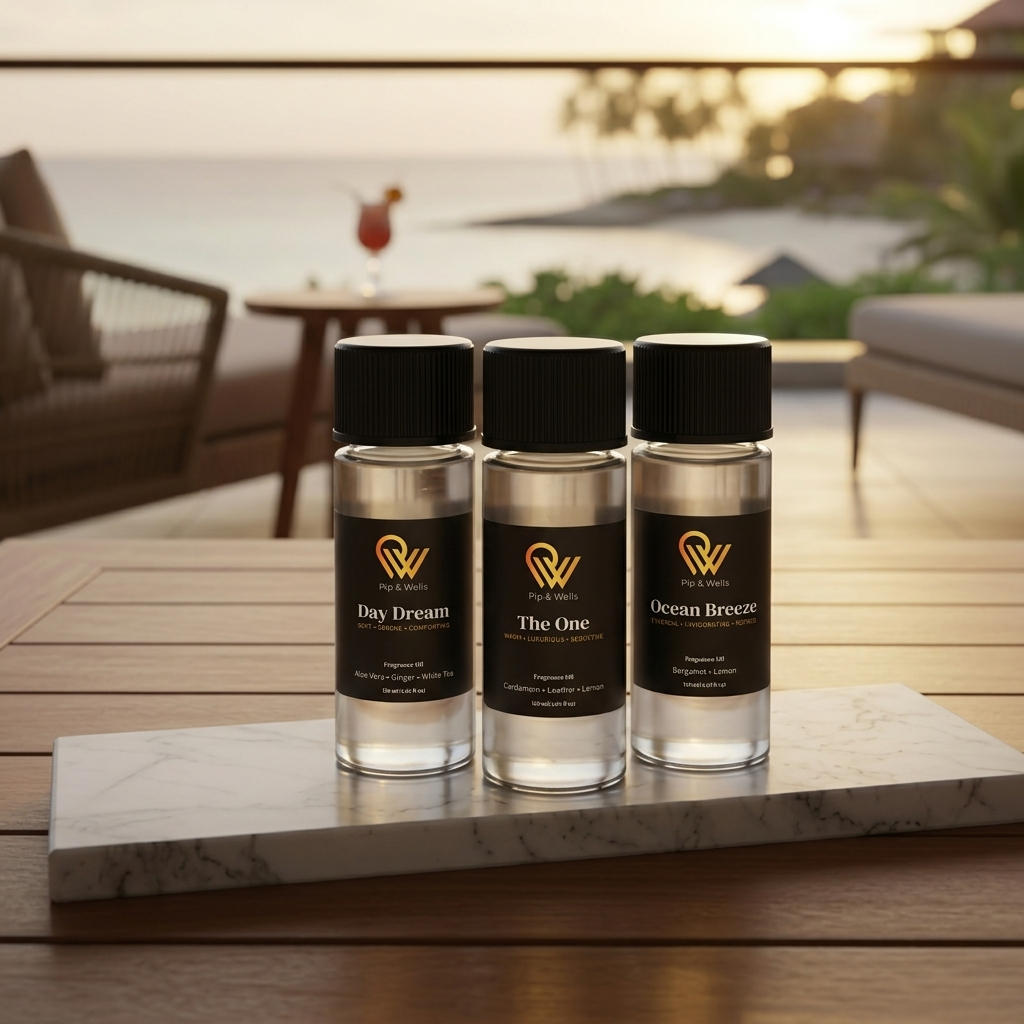Three Pip & Wells fragrance oil bottles on a terrace overlooking the sea