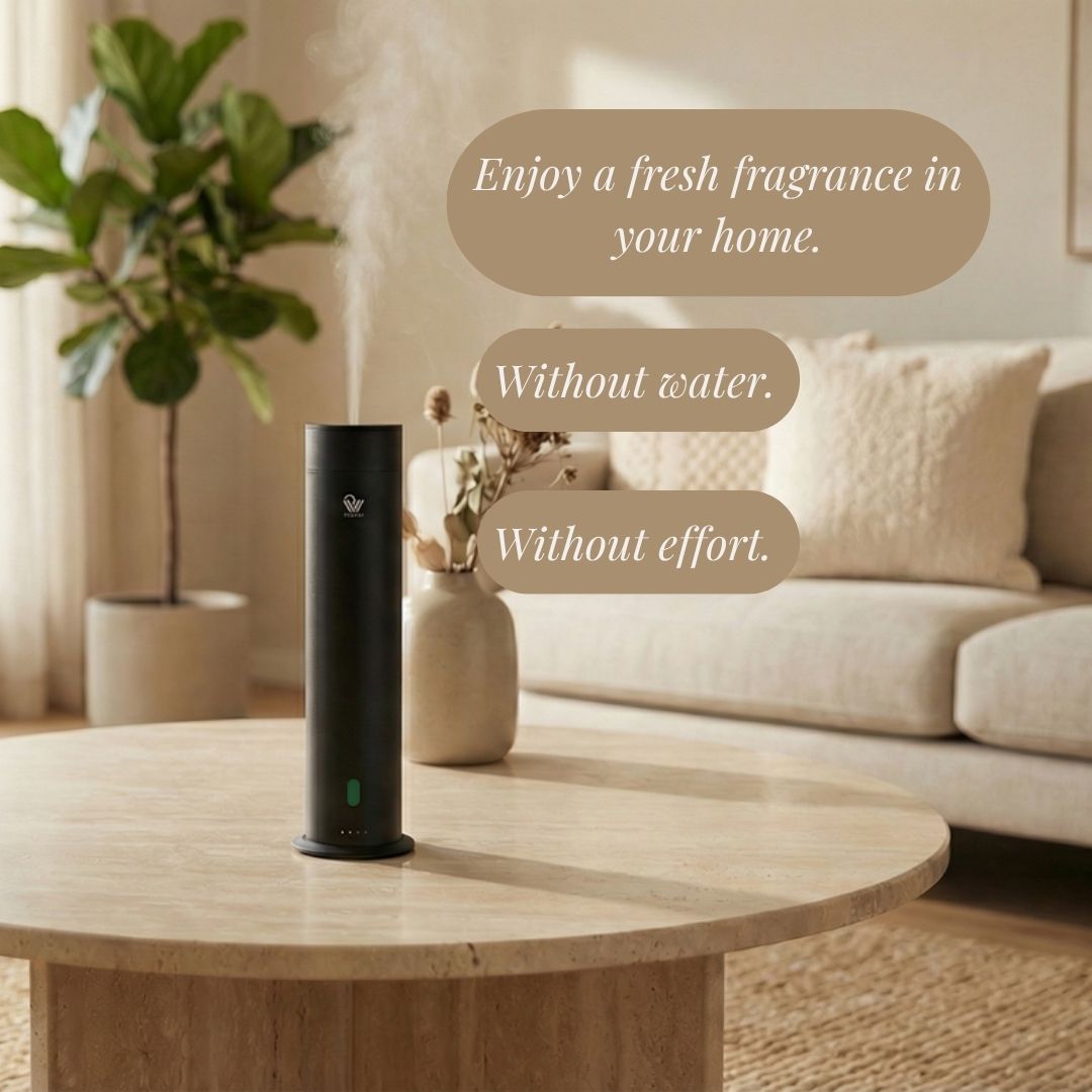 Pure One waterless cold-air diffuser, Matte Black, interior scene - Pip & Wells