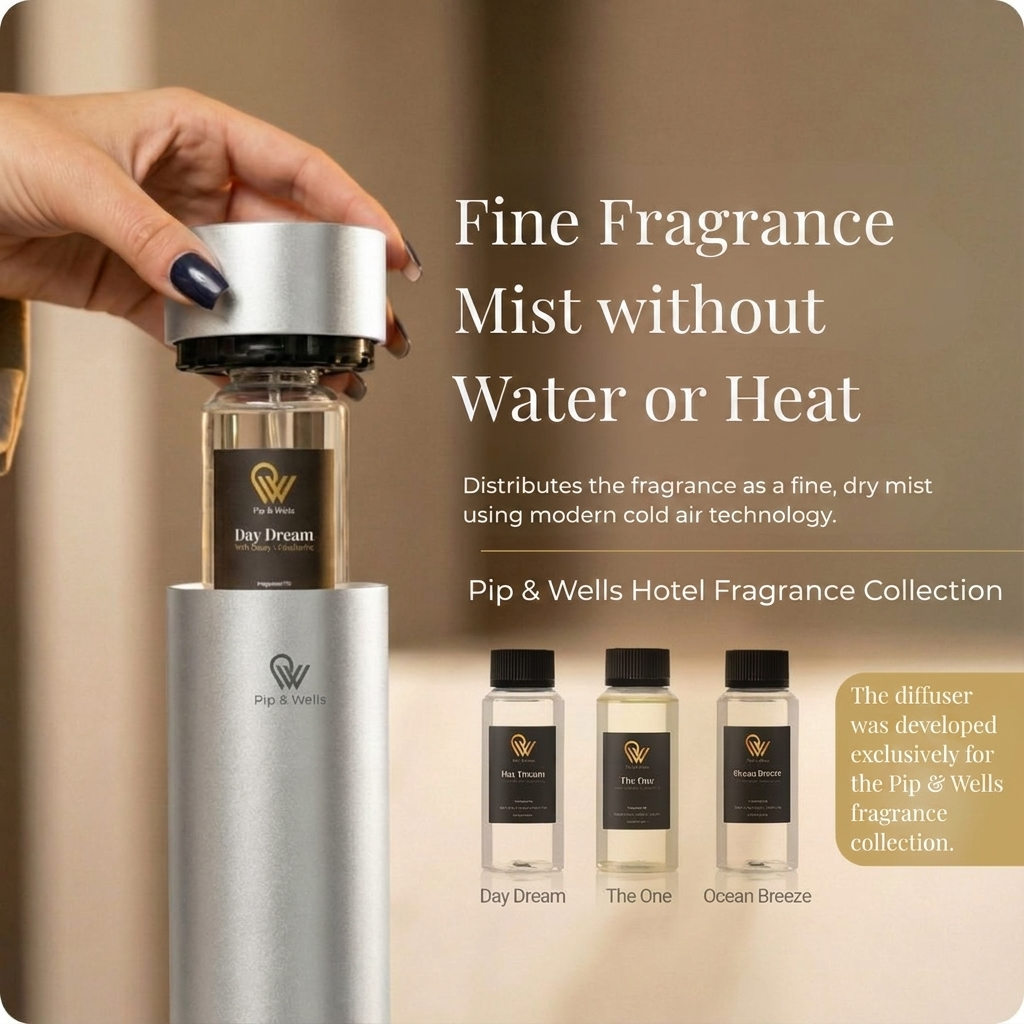 Pure One waterless cold-air diffuser, Brushed Silver, back label - Pip & Wells