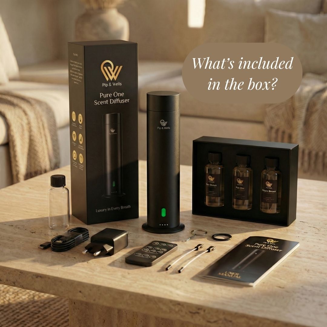 Pip & Wells Pure One Scent Diffuser set on a wooden table with packaging and accessories.