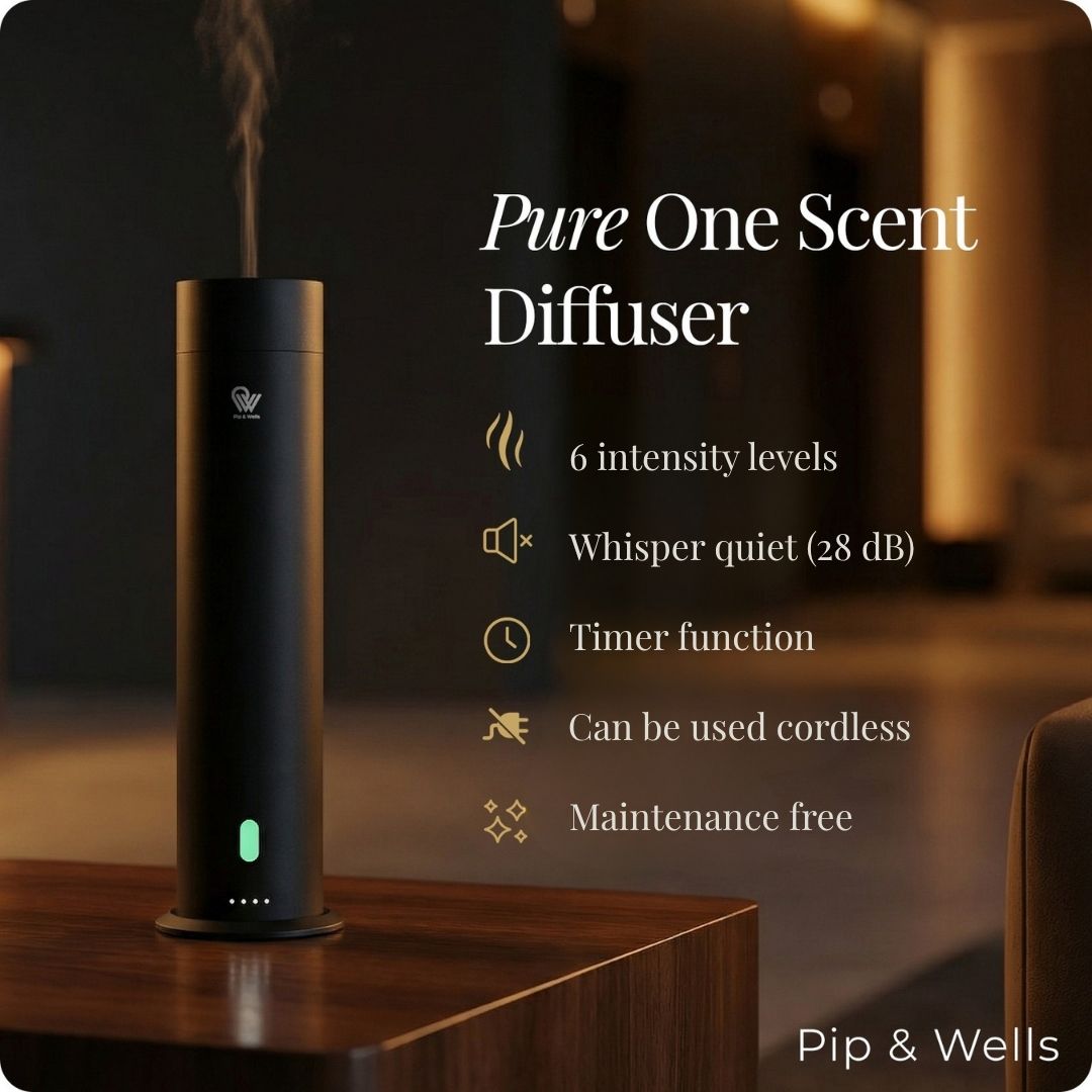Pure One Scent Diffuser on a wooden surface with features listed