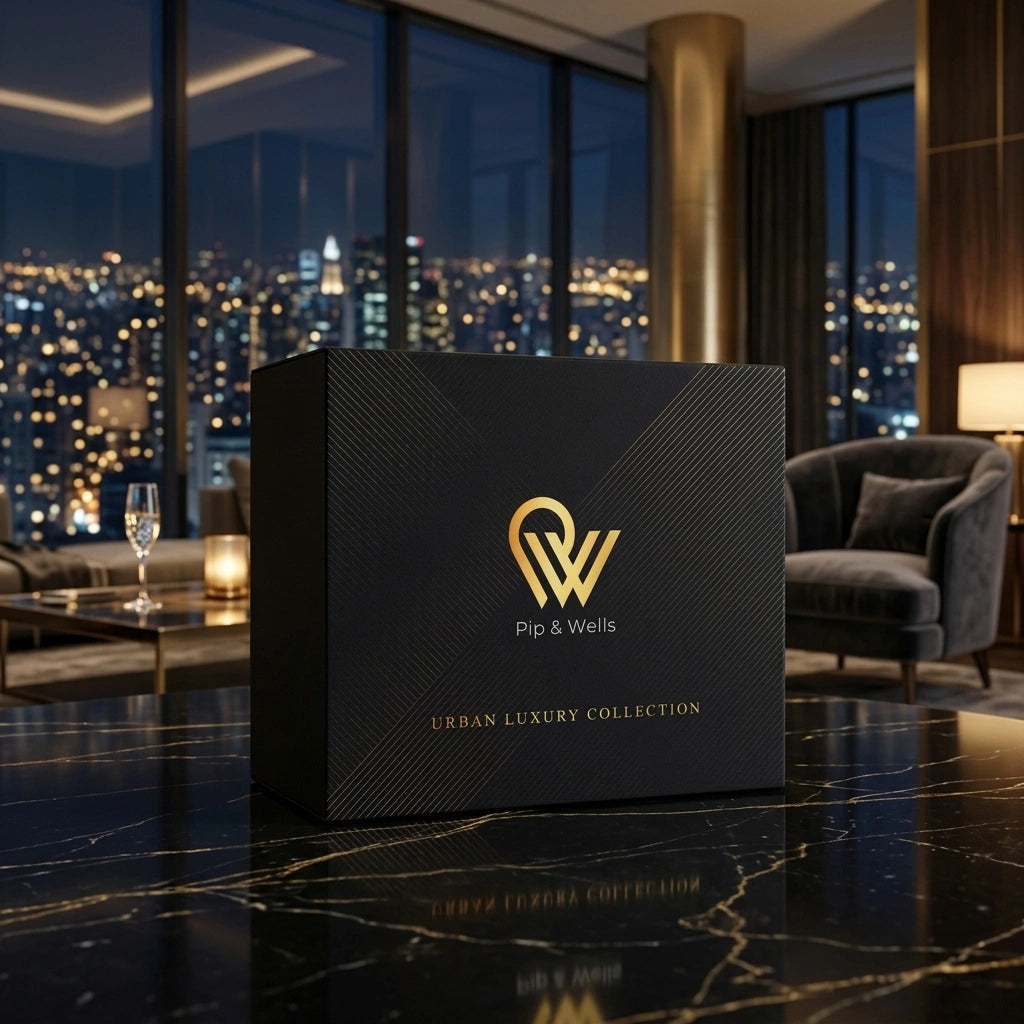 Pip & Wells Urban Luxury Collection gift box in a city apartment