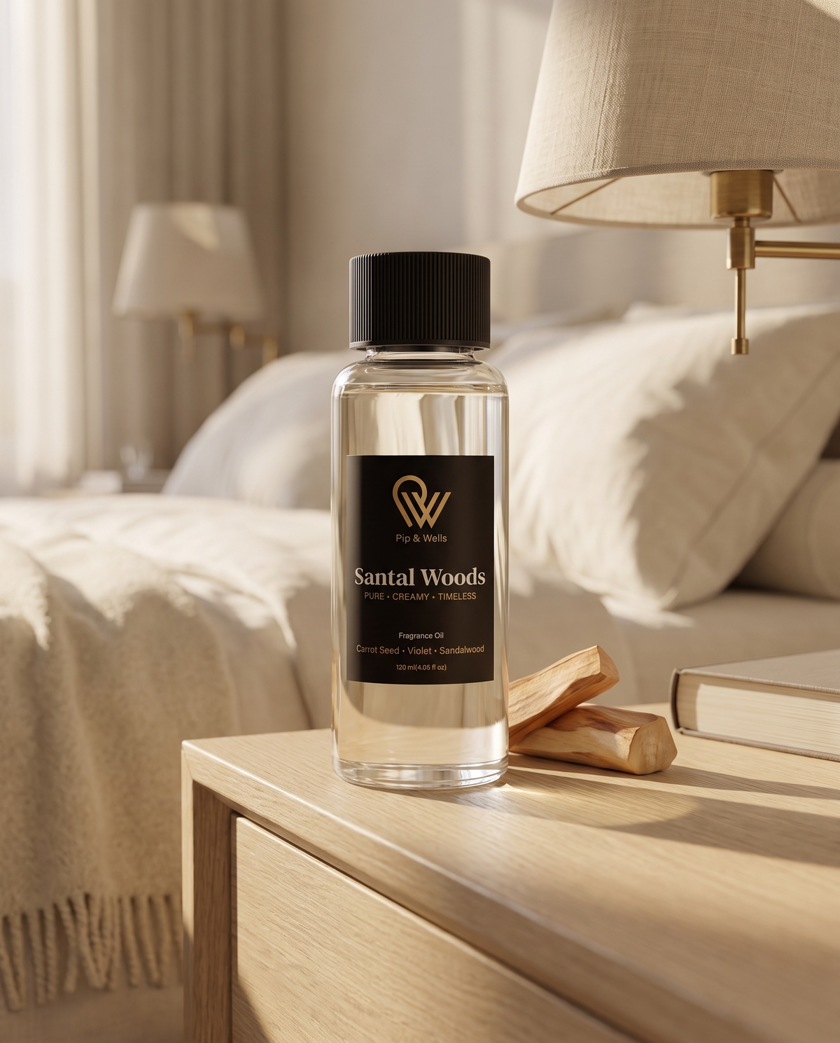 Flacon d’huile parfumée Pip & Wells Santal Woods 120 ml sur une table de chevet en chêne dans une chambre d’hôtel paisible