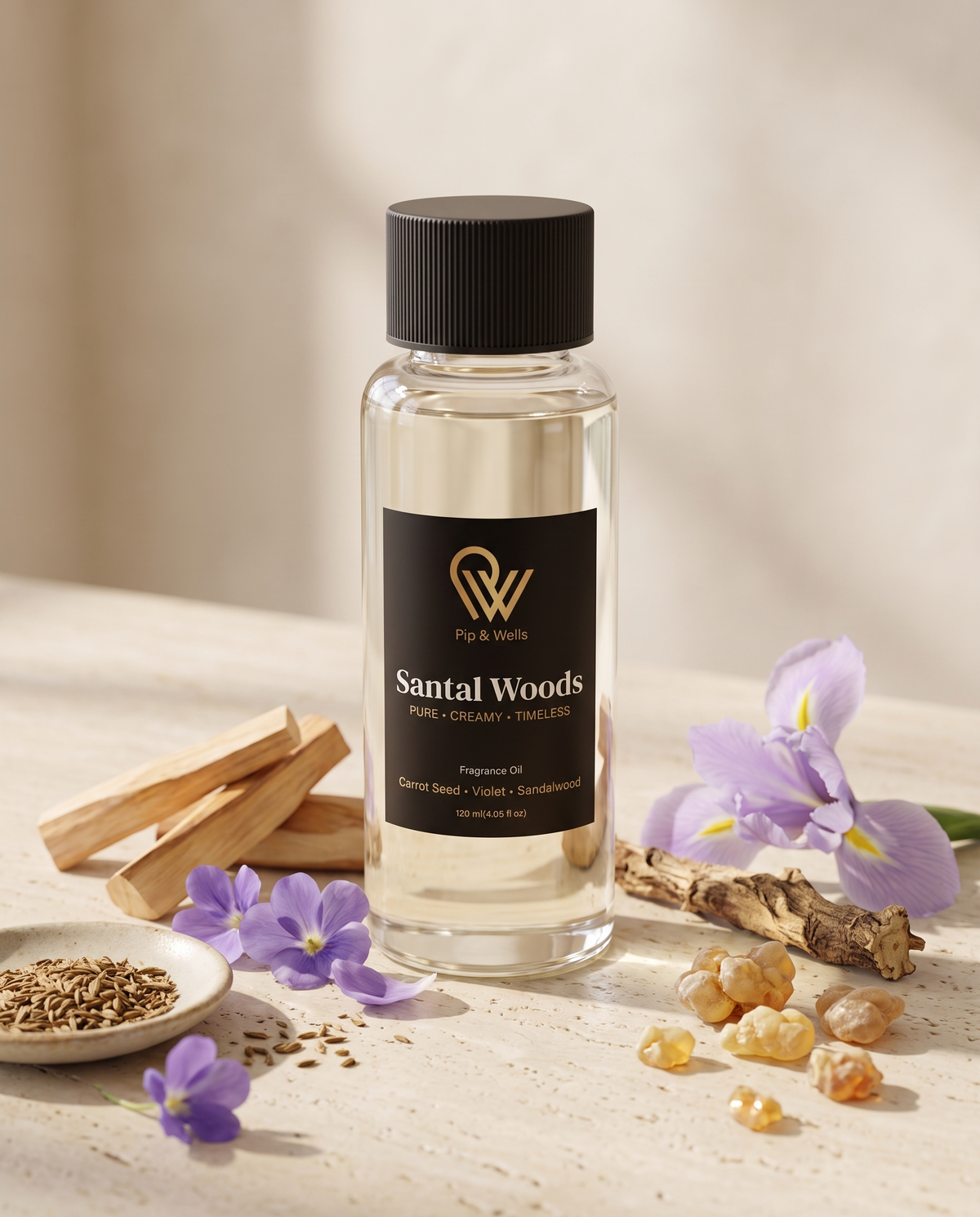 Flacon d’huile parfumée Pip & Wells Santal Woods 120 ml avec ses notes olfactives : bois de santal, graine de carotte, violette, iris et résine de benjoin
