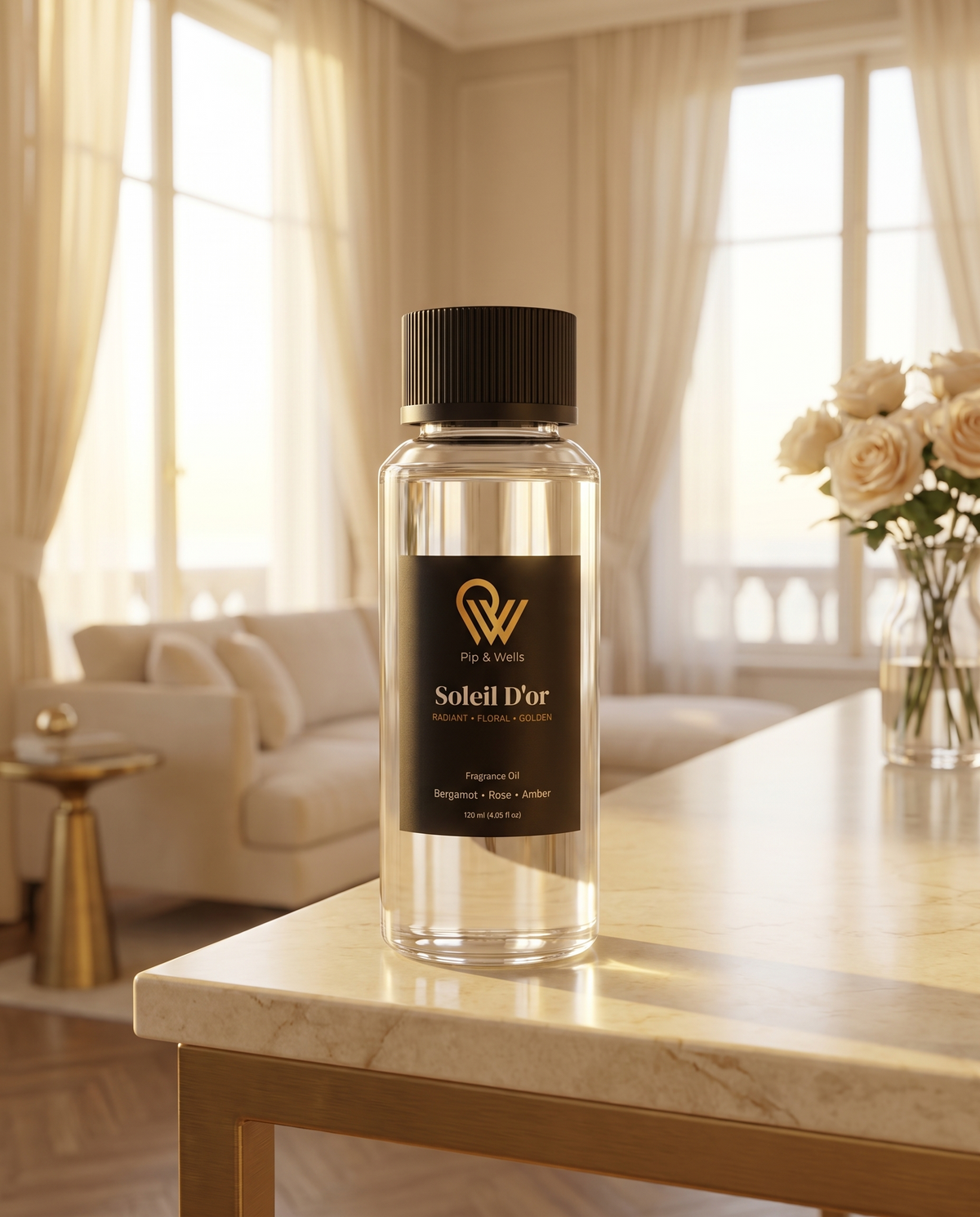 Flacon d’huile parfumée Pip & Wells Soleil D'or 120 ml sur une console en marbre dans le salon ensoleillé d’une suite d’hôtel