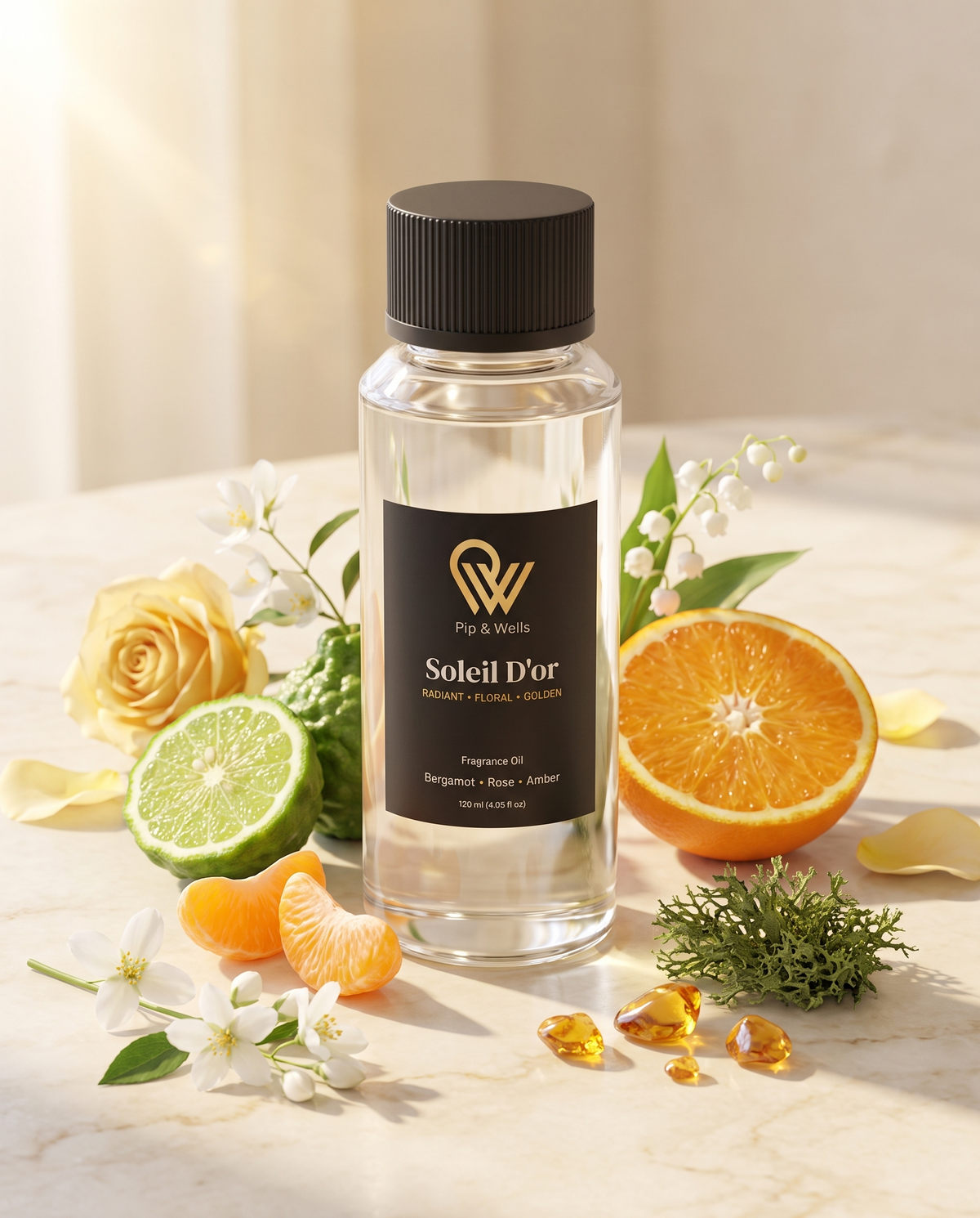 Flacon d’huile parfumée Pip & Wells Soleil D'or 120 ml avec ses notes olfactives : bergamote, mandarine, orange, rose, jasmin, muguet, mousse de chêne et ambre