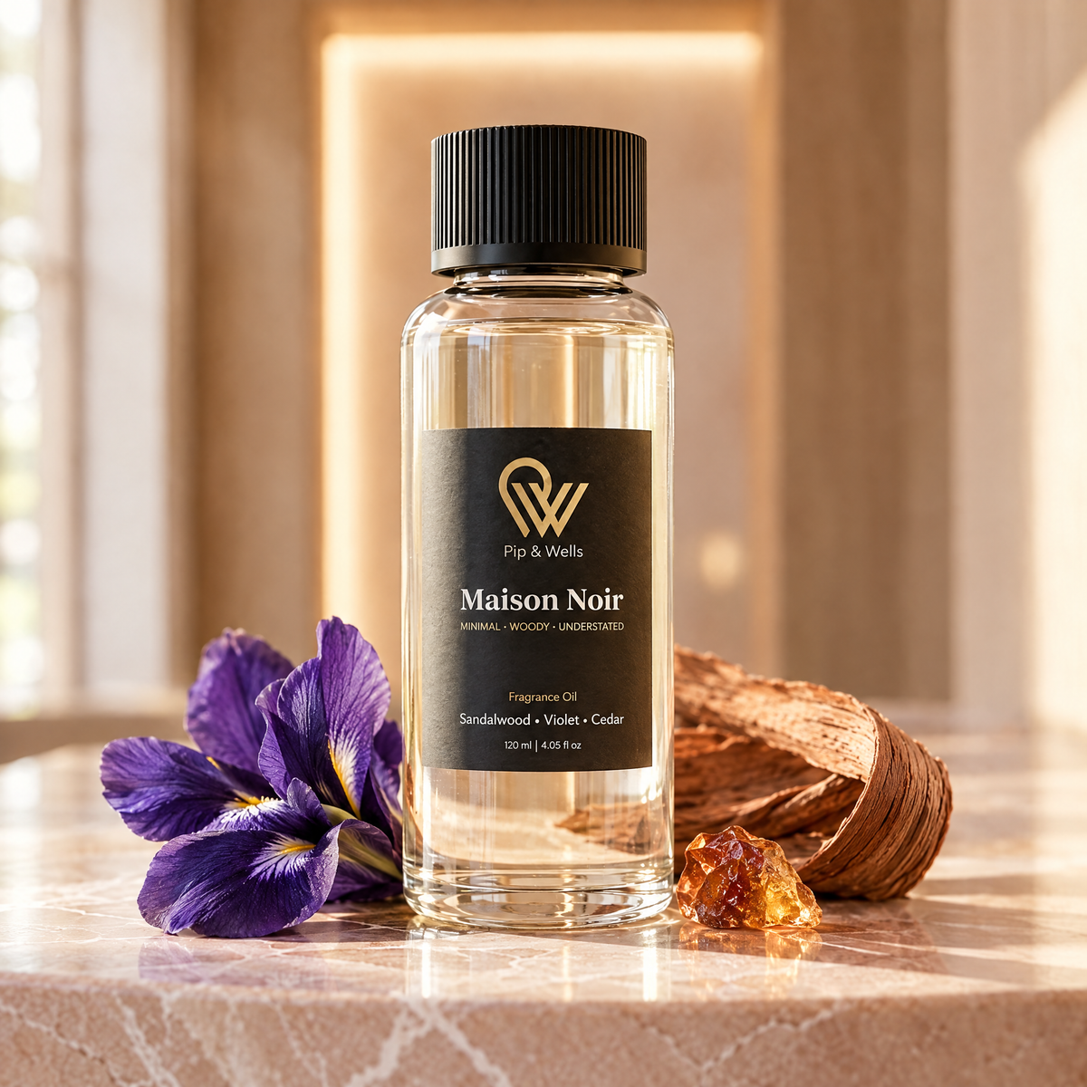 Gros plan sur l’huile parfumée Pip & Wells Maison Noir 120 ml avec iris, bois de cèdre et résine d’ambre