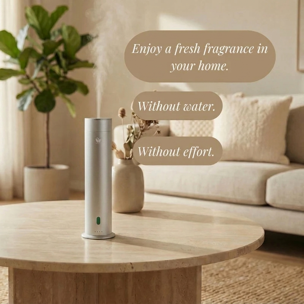Pure One waterless cold-air diffuser, Brushed Silver, interior scene - Pip & Wells