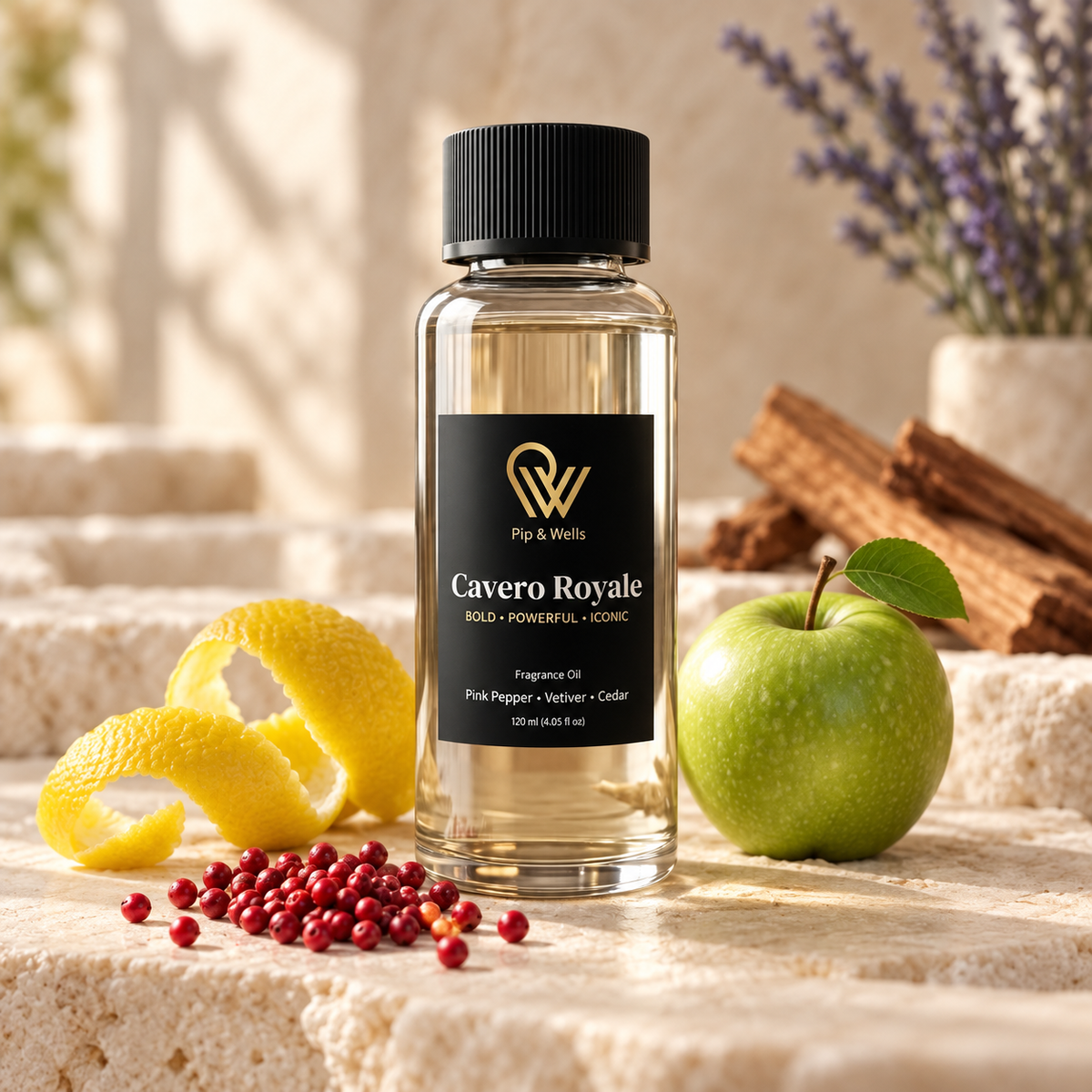 Pip & Wells Cavero Royale fragrance oil 120 ml bottle with its scent notes: lemon, pink pepper, apple, lavender and cedar
