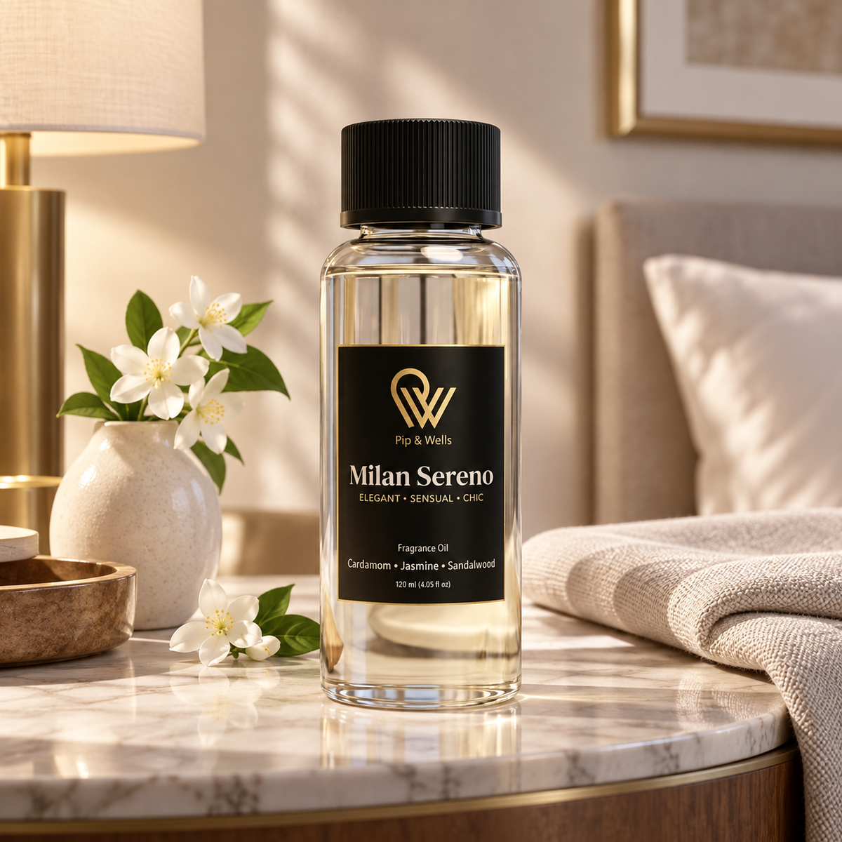 Flacon d’huile parfumée Pip & Wells Milan Sereno 120 ml sur une table de chevet en marbre dans une chambre d’hôtel avec du jasmin
