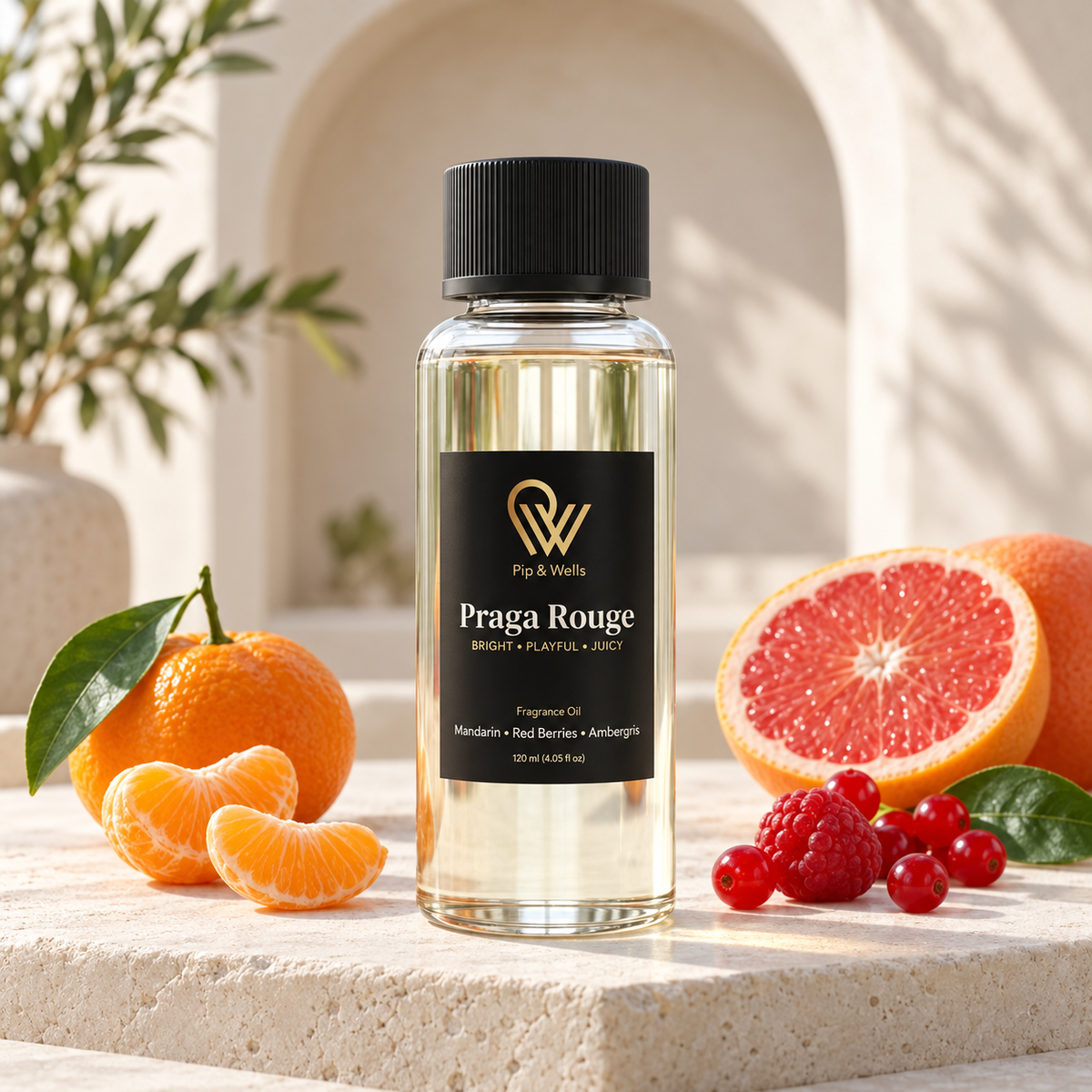 Flacon d’huile parfumée Pip & Wells Praga Rouge 120 ml avec ses notes olfactives : mandarine, pamplemousse et fruits rouges
