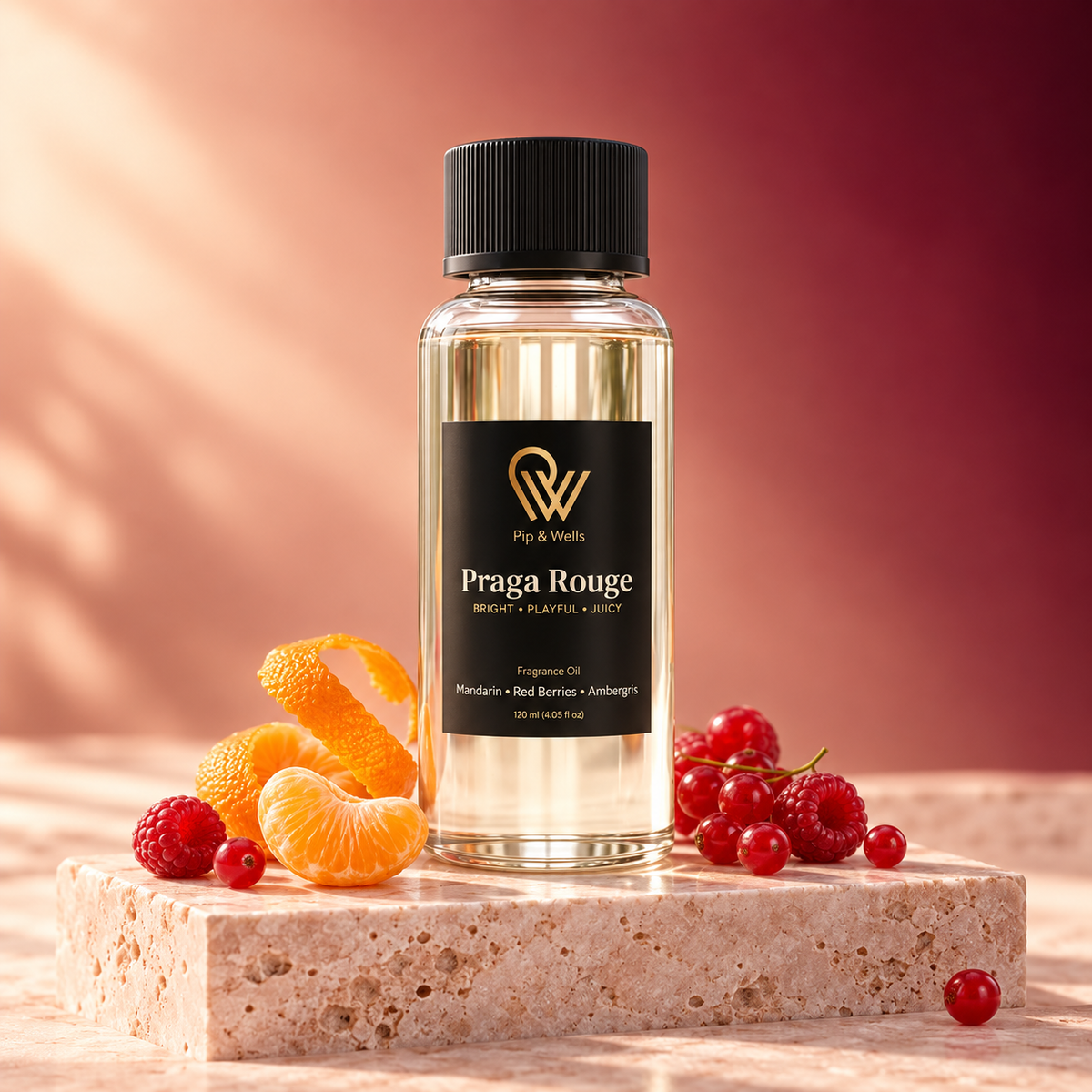 Flacon d’huile parfumée Pip & Wells Praga Rouge 120 ml sur un socle en pierre avec mandarine et fruits rouges sur un fond rouge chaud