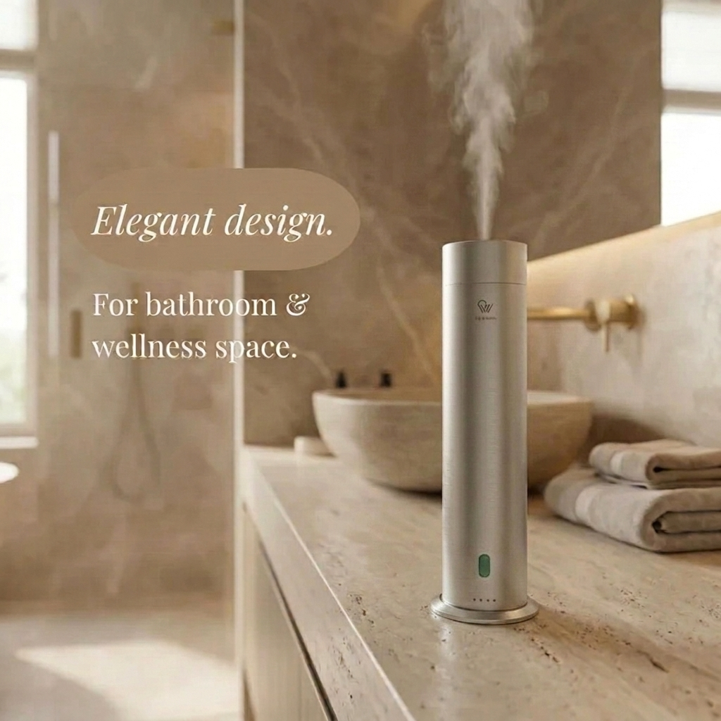 Pip & Wells Pure One matte silver waterless aroma diffuser on a bathroom counter